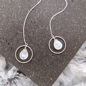 Rainbow Moonstone Threader Earrings in 925 Sterling Silver